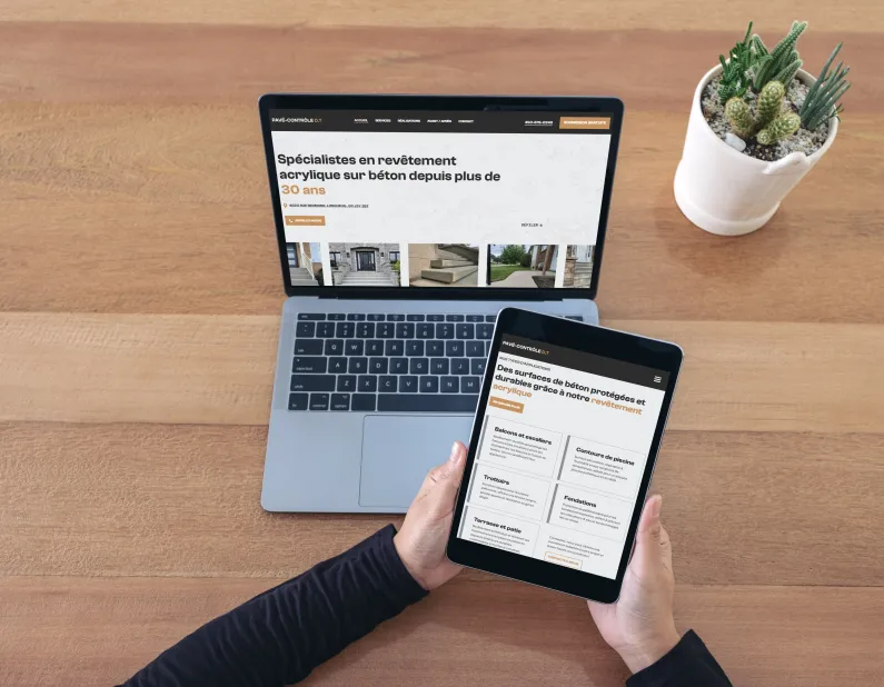 Site web de Pavé-Contrôle D.T refait par Delisoft, affiché sur un ordinateur portable et une tablette
