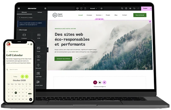 Site WordPress modifié avec Elementor sur un ordinateur portable et affiché sur un téléphone